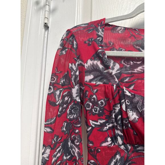 Vinatge Y2K Johnny Heaven Red Floral Mesh Puff Sleeve Baby Doll Top Size Small - Picture 4 of 5